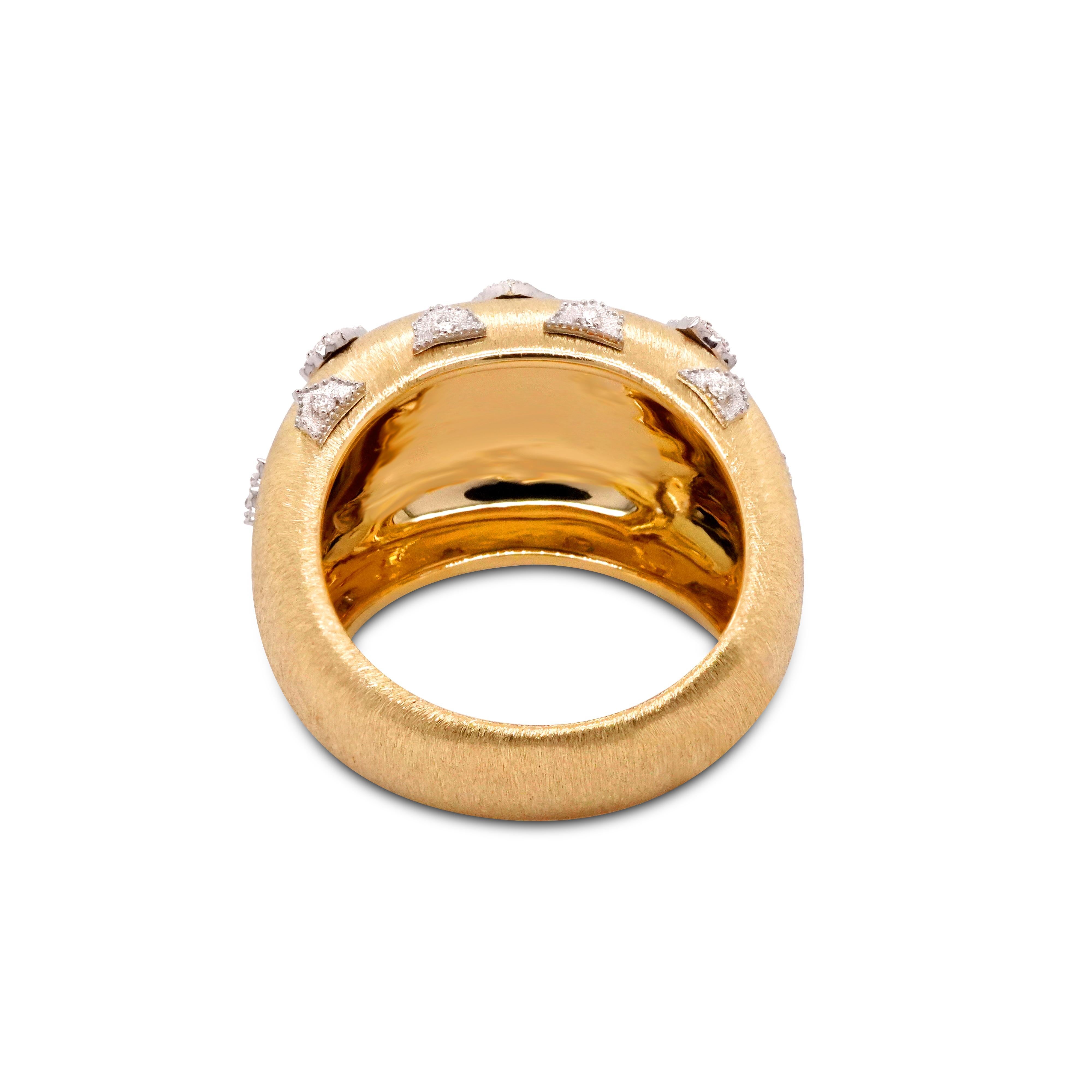 18 Karat Weiß- und Gelbgold Kuppelring mit handwerklichem Diamant in florentinischem Finish (Rundschliff)