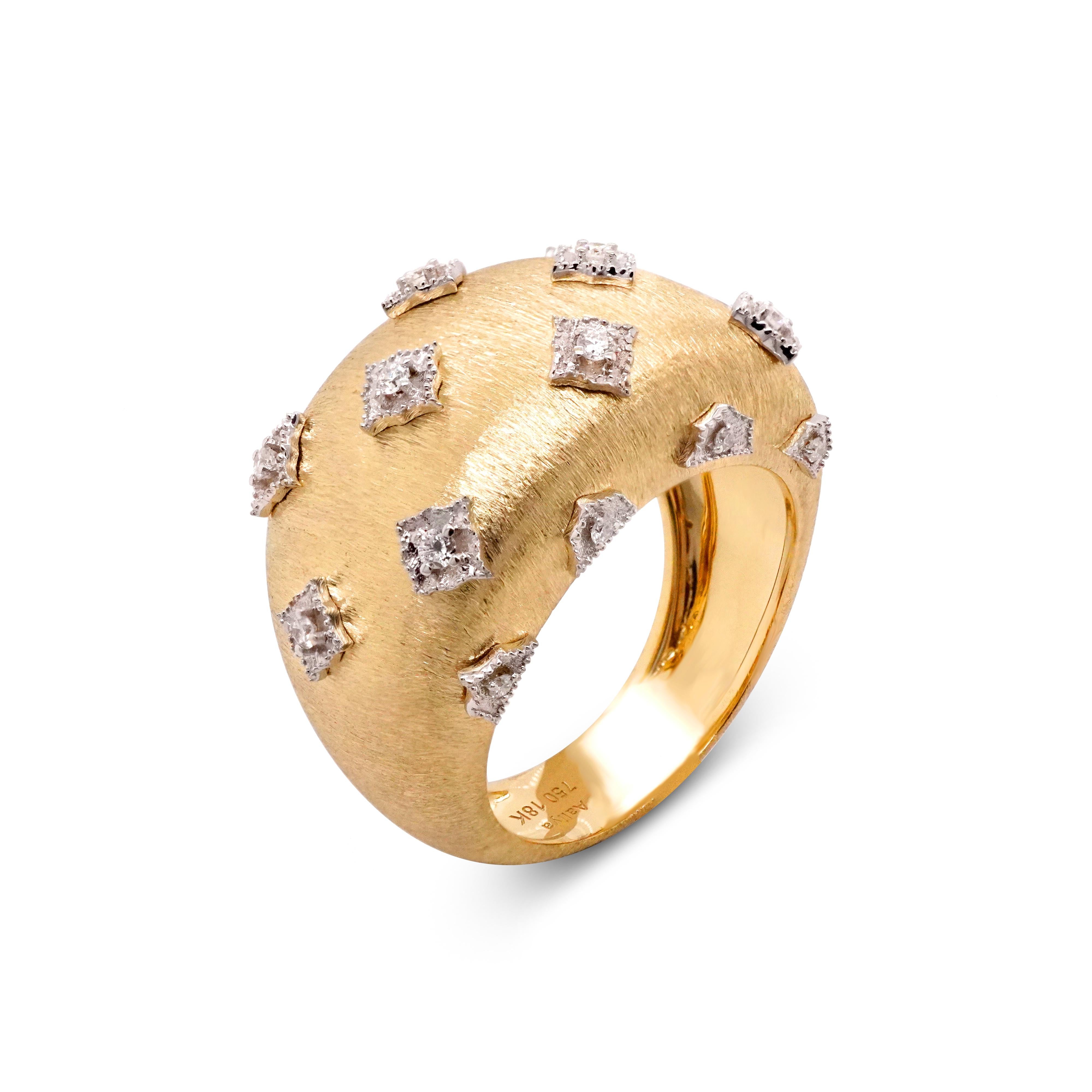 18 Karat Weiß- und Gelbgold Kuppelring mit handwerklichem Diamant in florentinischem Finish im Zustand „Neu“ in Hong Kong, HK
