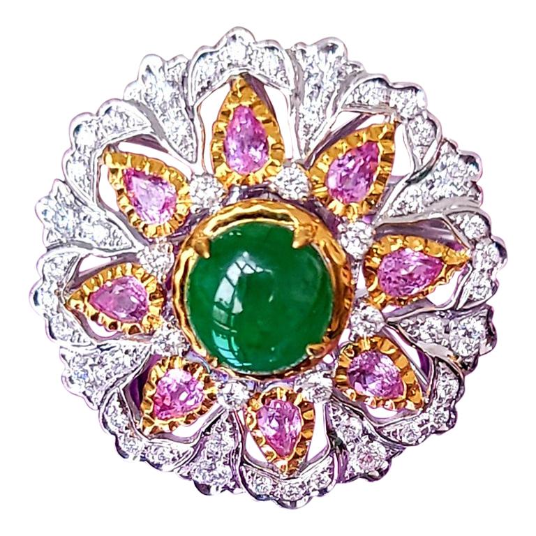 18K White/Yellow Gold Cocktail Ring with Diamonds and Jade and Pink Sapphire