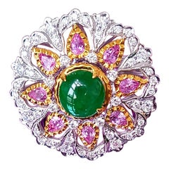 18 Karat Weiß-/Gelbgold Cocktail-Ring mit Diamanten, Jade und rosa Saphir