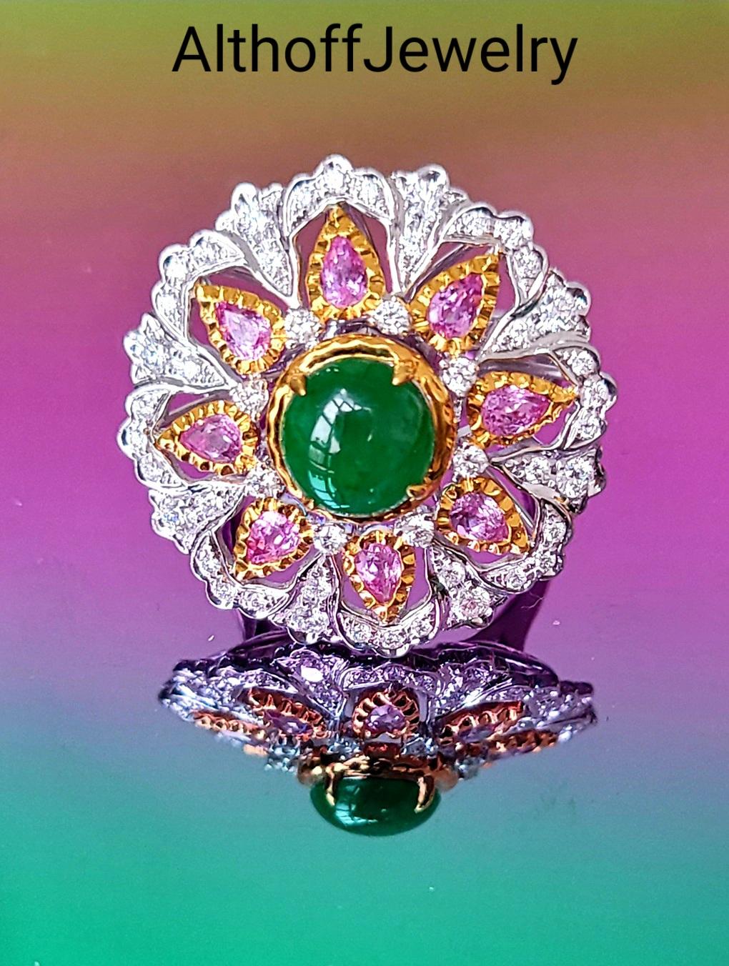 18K WHITE YELLOW RING WITH DIAMOND & JADE  & PINK SAPPHIRE

It's a very special Goddess Ring and has special powers of Jade. 
Healing with Jade
A protective stone, Jade keeps the wearer from harm and brings harmony. Jade attracts good luck and