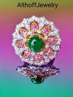 18K White/Yellow Gold Cocktail Ring with Diamonds and Jade and Pink Sapphire