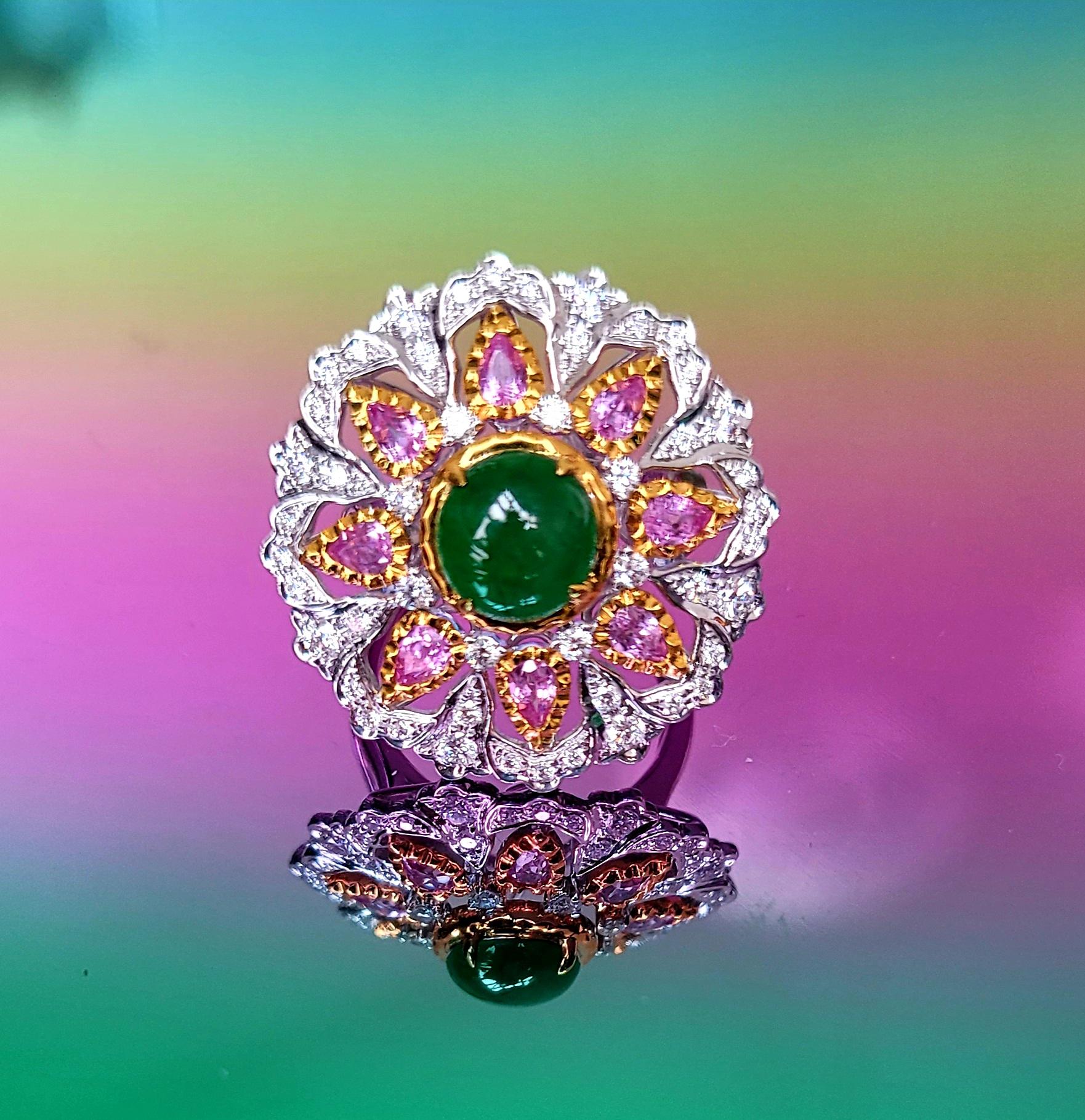 Modern 18K White/Yellow Gold Cocktail Ring with Diamonds and Jade and Pink Sapphire For Sale