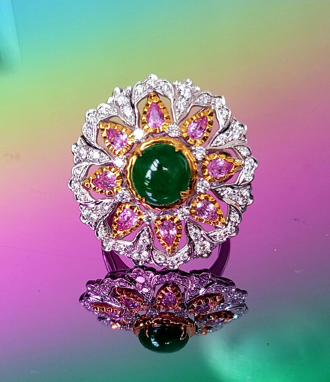 18K White/Yellow Gold Cocktail Ring with Diamonds and Jade and Pink Sapphire In New Condition For Sale In Hong Kong, HK
