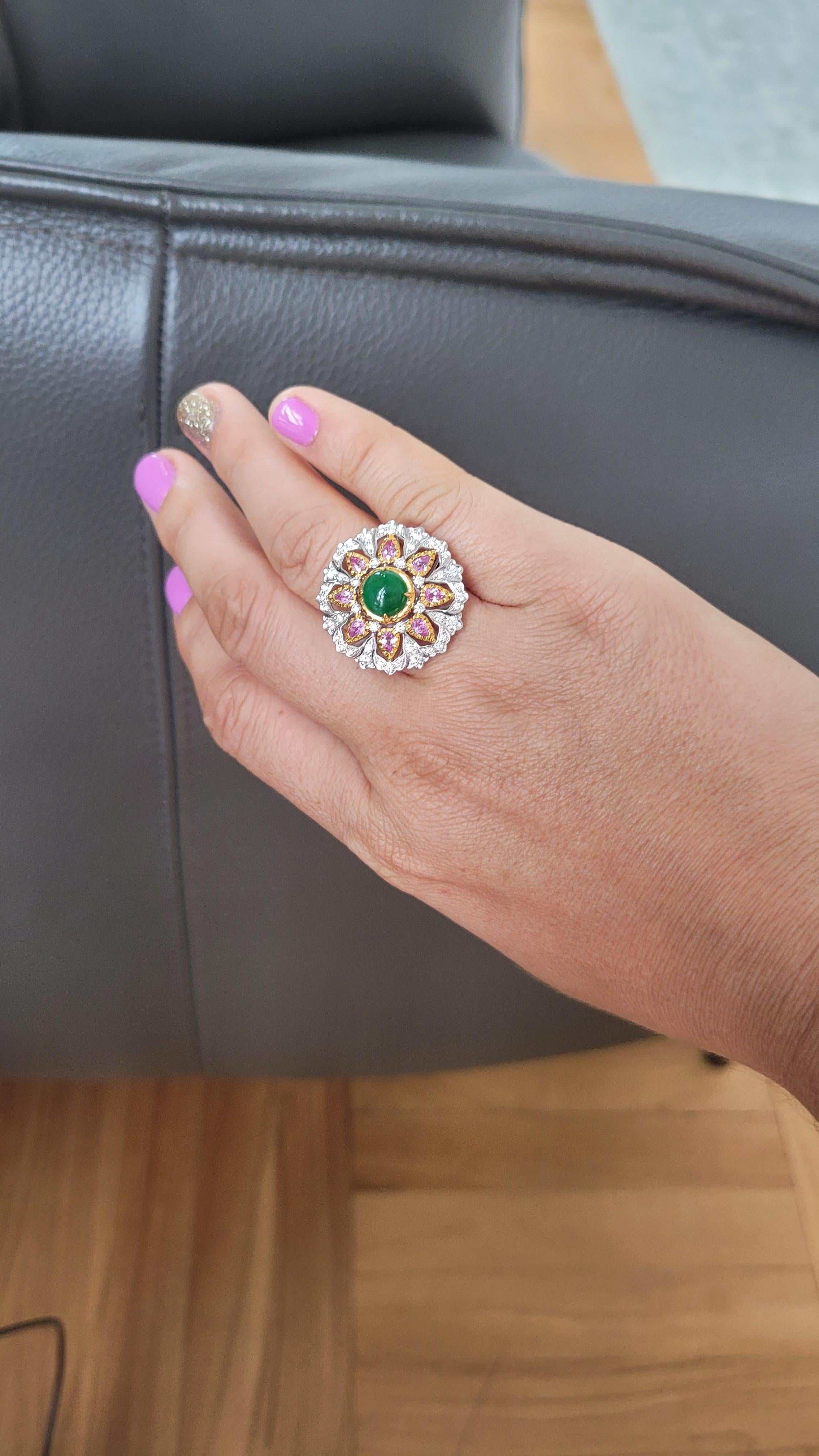 18K White/Yellow Gold Cocktail Ring with Diamonds and Jade and Pink Sapphire For Sale 2