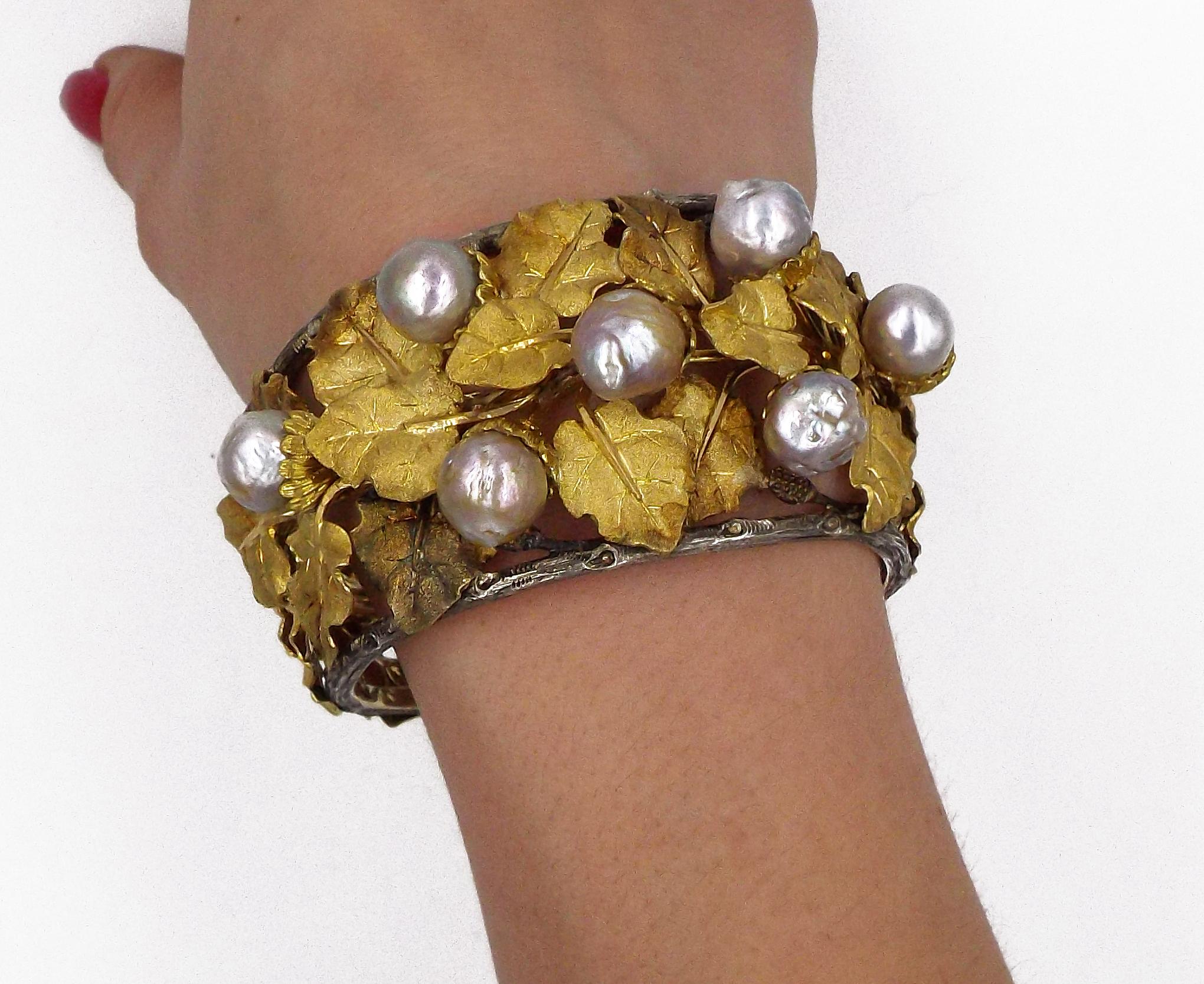 Buccellati 18K White Yellow Gold Cultured Pearl Grape Bracelet 6.5
