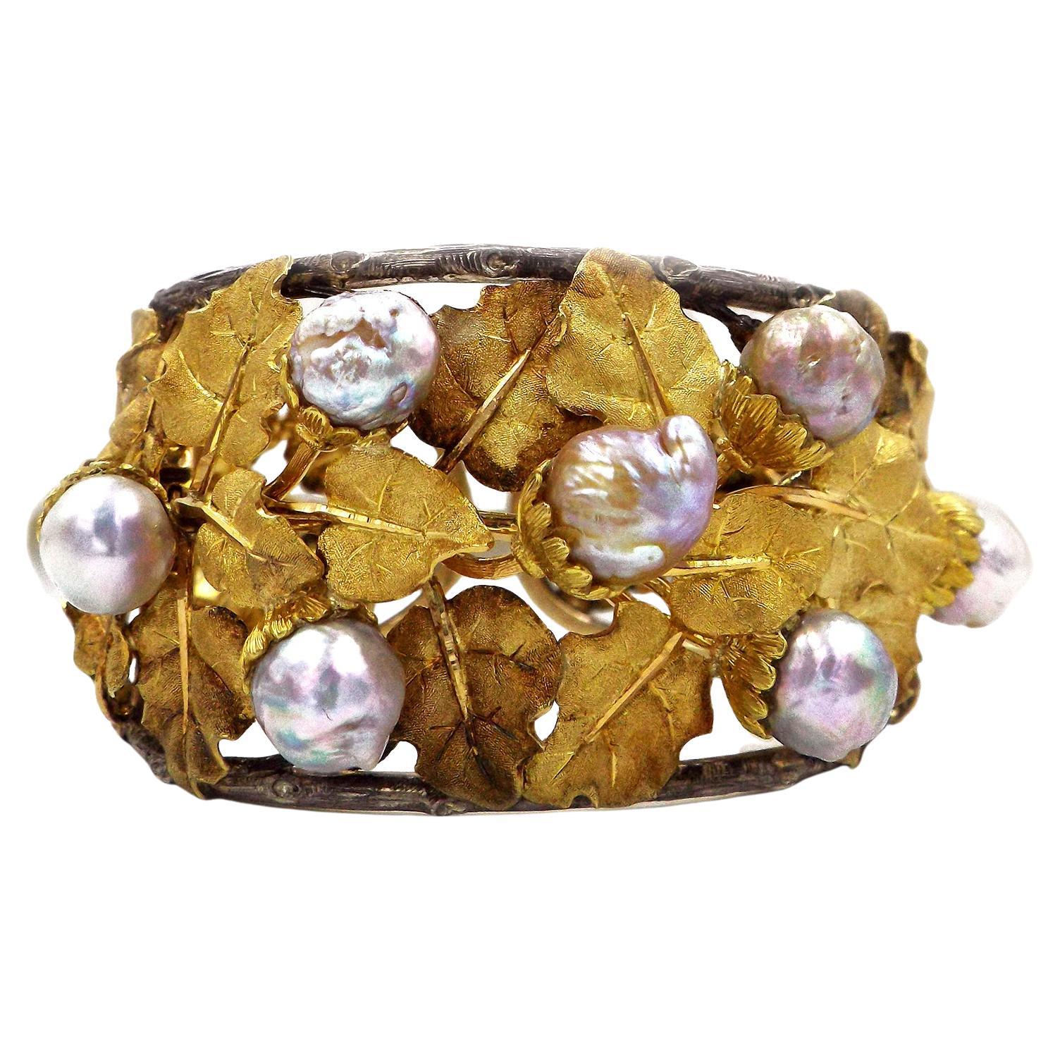 Buccellati 18K White Yellow Gold Cultured Pearl Grape Bracelet 6.5" For Sale