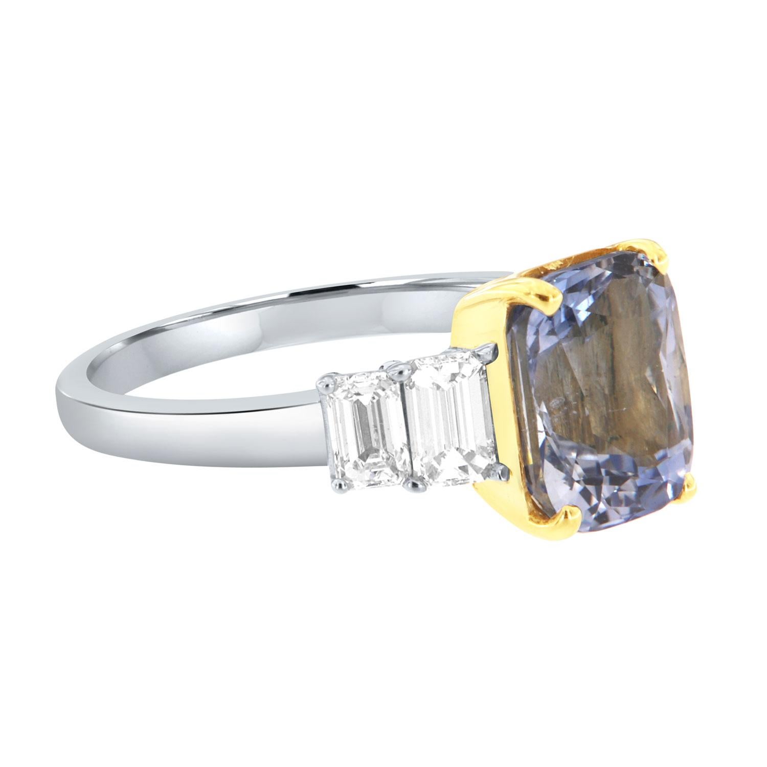 Cushion Cut 18K White & Yellow Gold Cushion Sapphire & Diamond Ring, Center -3.55 Carat GIA For Sale