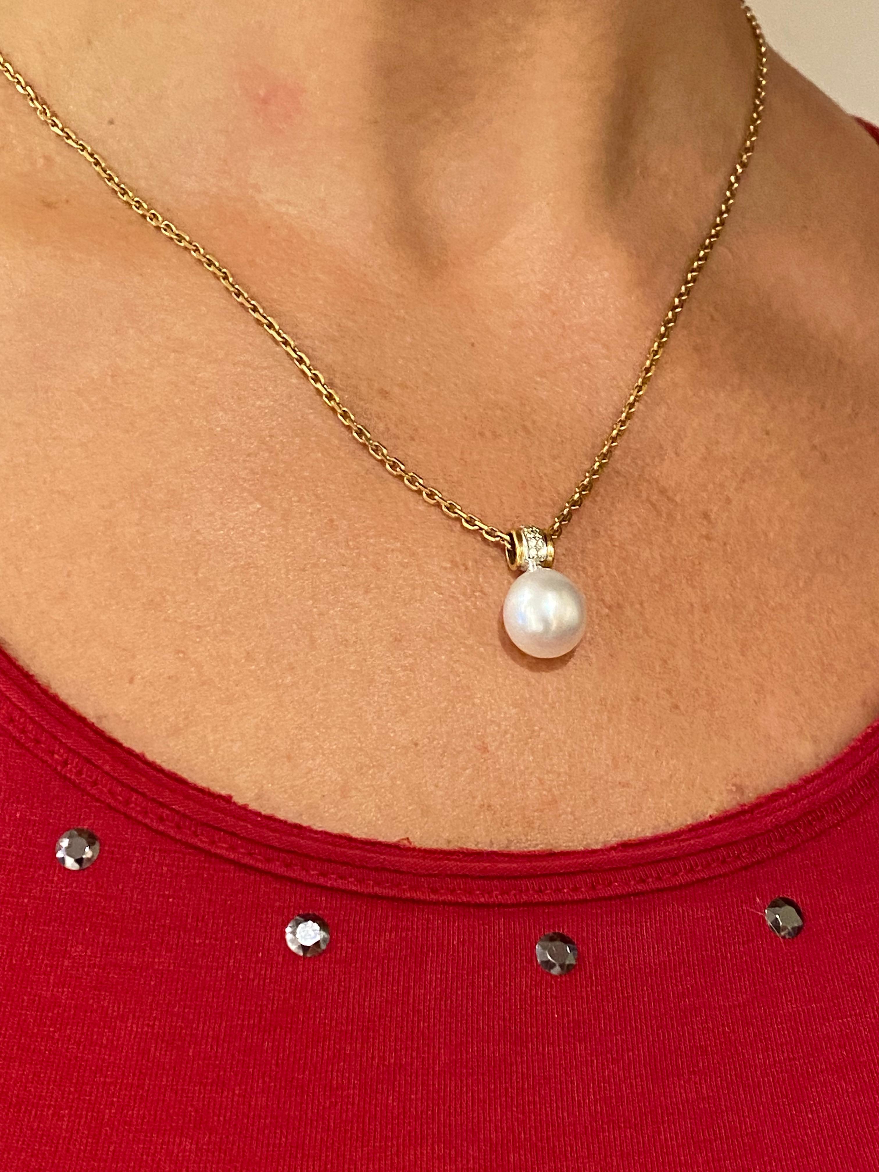 Modern 18K White & Yellow Gold Diamond & 13mm Pearl Pendant on 18K Yellow Gold Chain For Sale