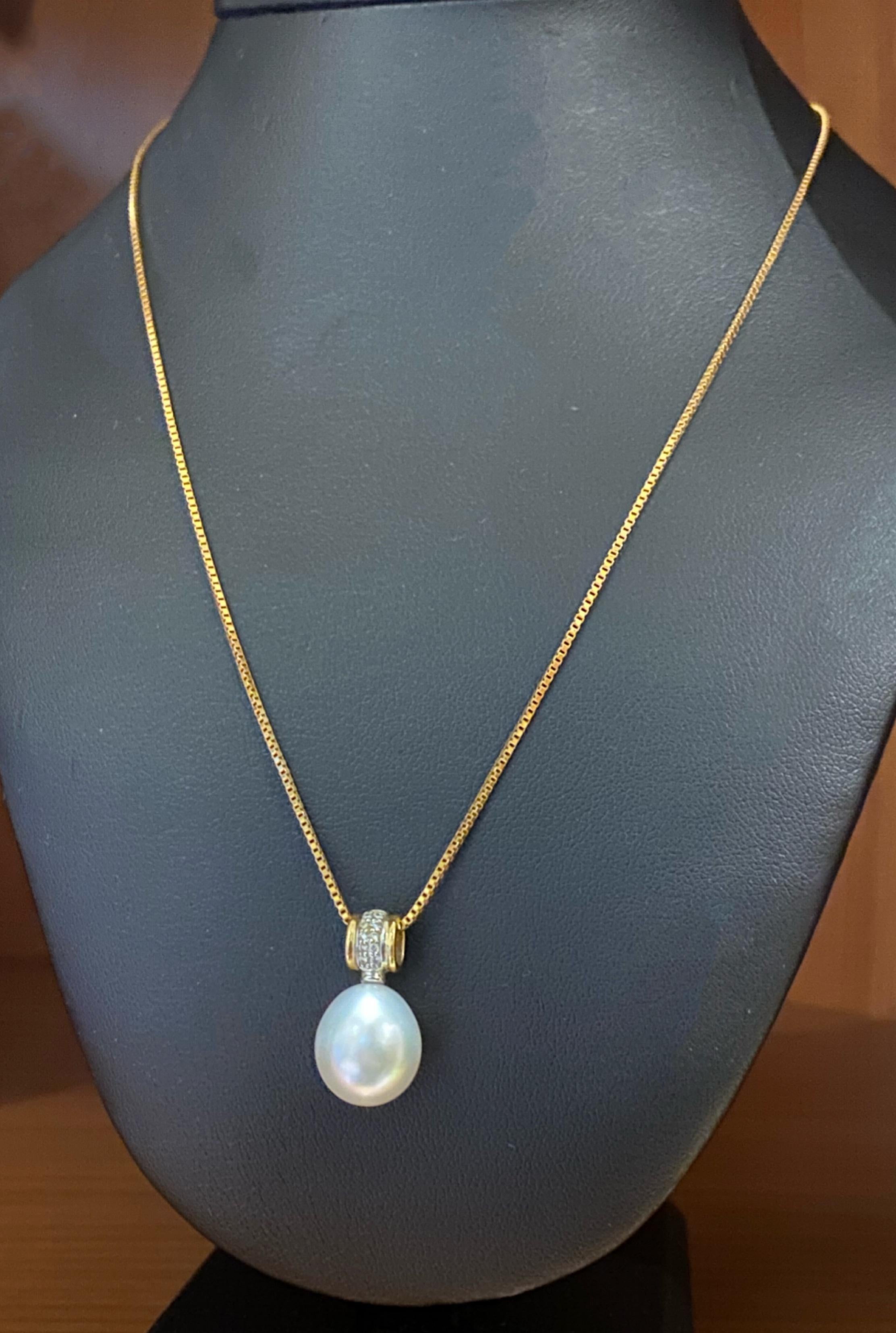 18K White & Yellow Gold Diamond & 13mm Pearl Pendant on 18K Yellow Gold Chain For Sale 3