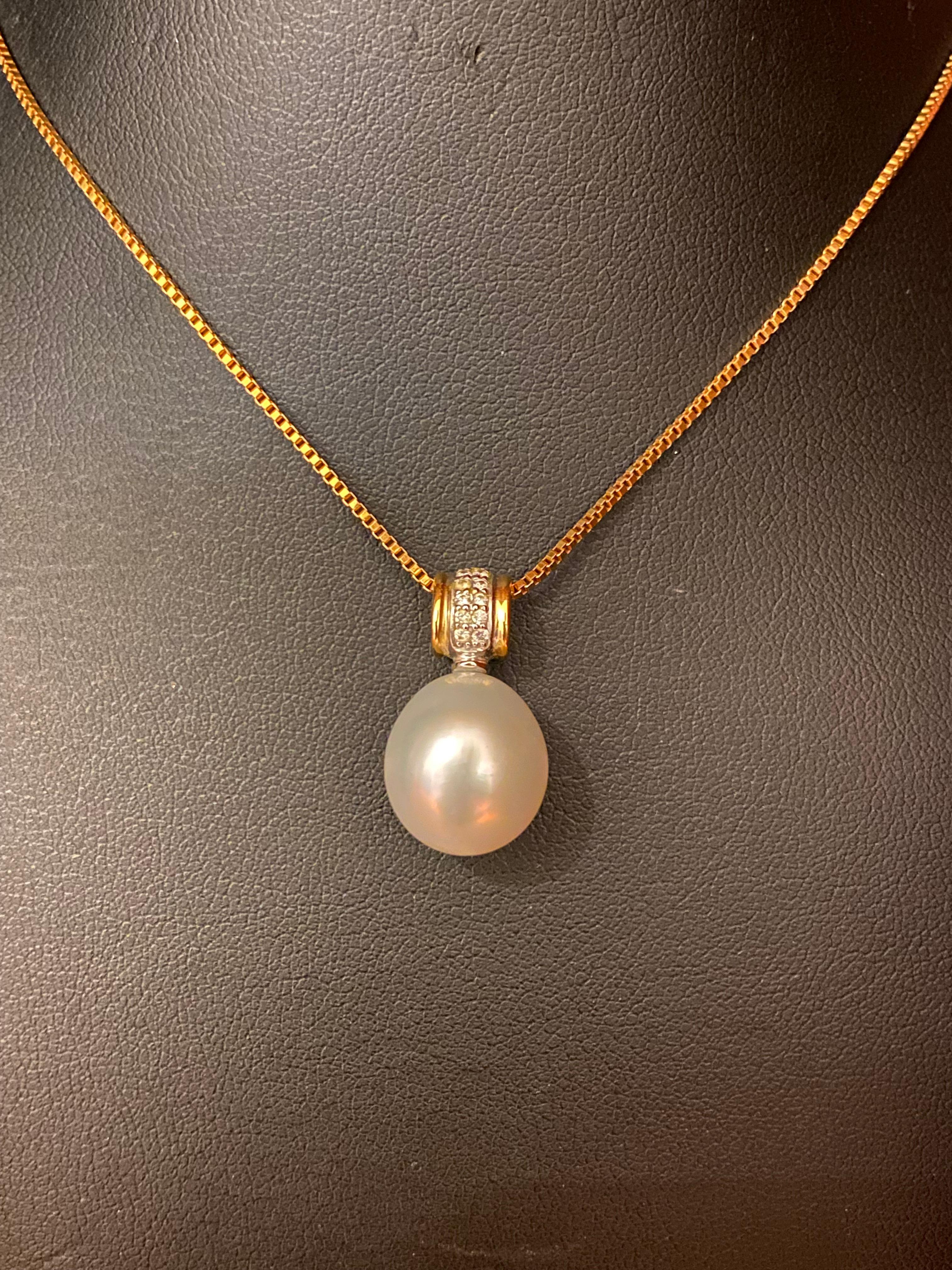 18K White & Yellow Gold Diamond & 13mm Pearl Pendant on 18K Yellow Gold Chain For Sale