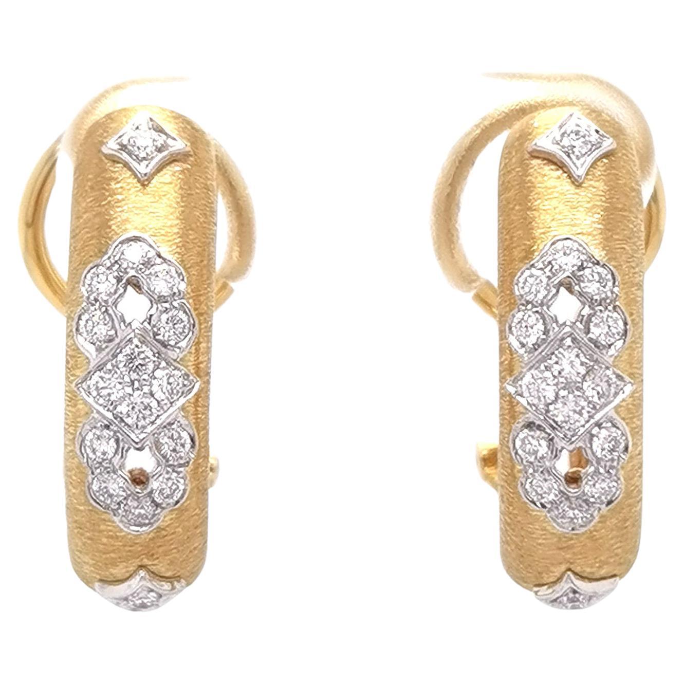 18K Yellow & White Gold Diamond Earrings in Florentine Finish