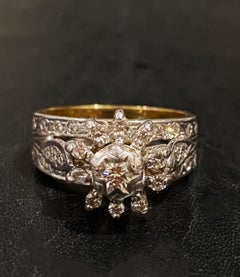 18K White & Yellow Gold Diamond Engagement Ring + 2 Diamond Bands (3 in 1 Set)