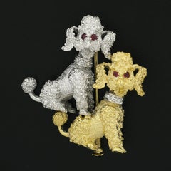 18K White & Yellow Gold Diamond & Ruby Textured Detailed Poodle Dogs Pin Brooch