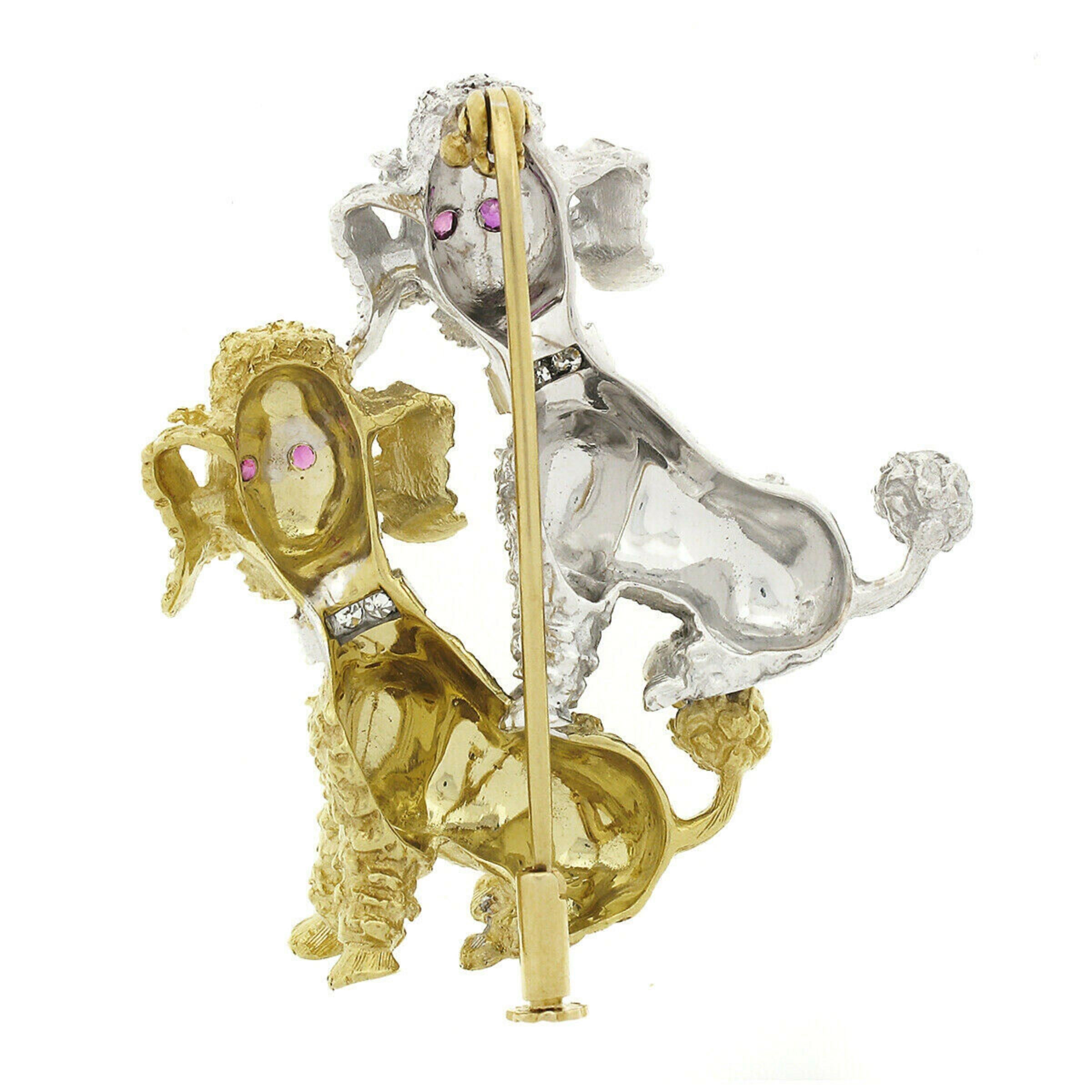 Round Cut 18K White & Yellow Gold Diamond & Ruby Textured Detailed Poodle Dogs Pin Brooch For Sale
