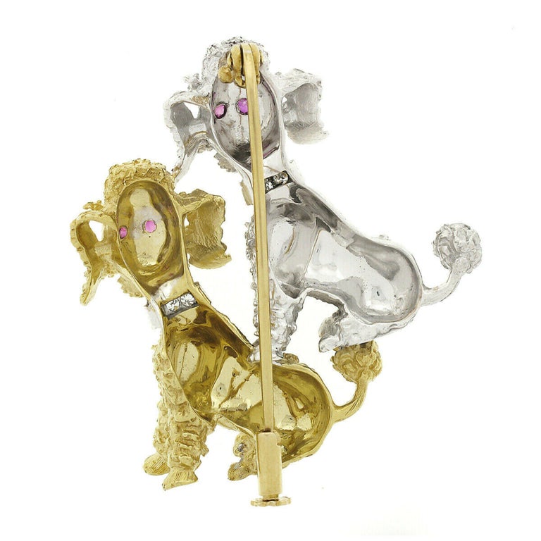 Women's 18K White & Yellow Gold Diamond & Ruby Textured Detailed Poodle Dogs Pin Brooch For Sale