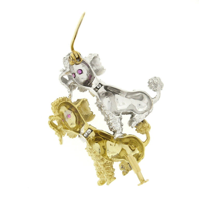 18K White & Yellow Gold Diamond & Ruby Textured Detailed Poodle Dogs Pin Brooch For Sale 1