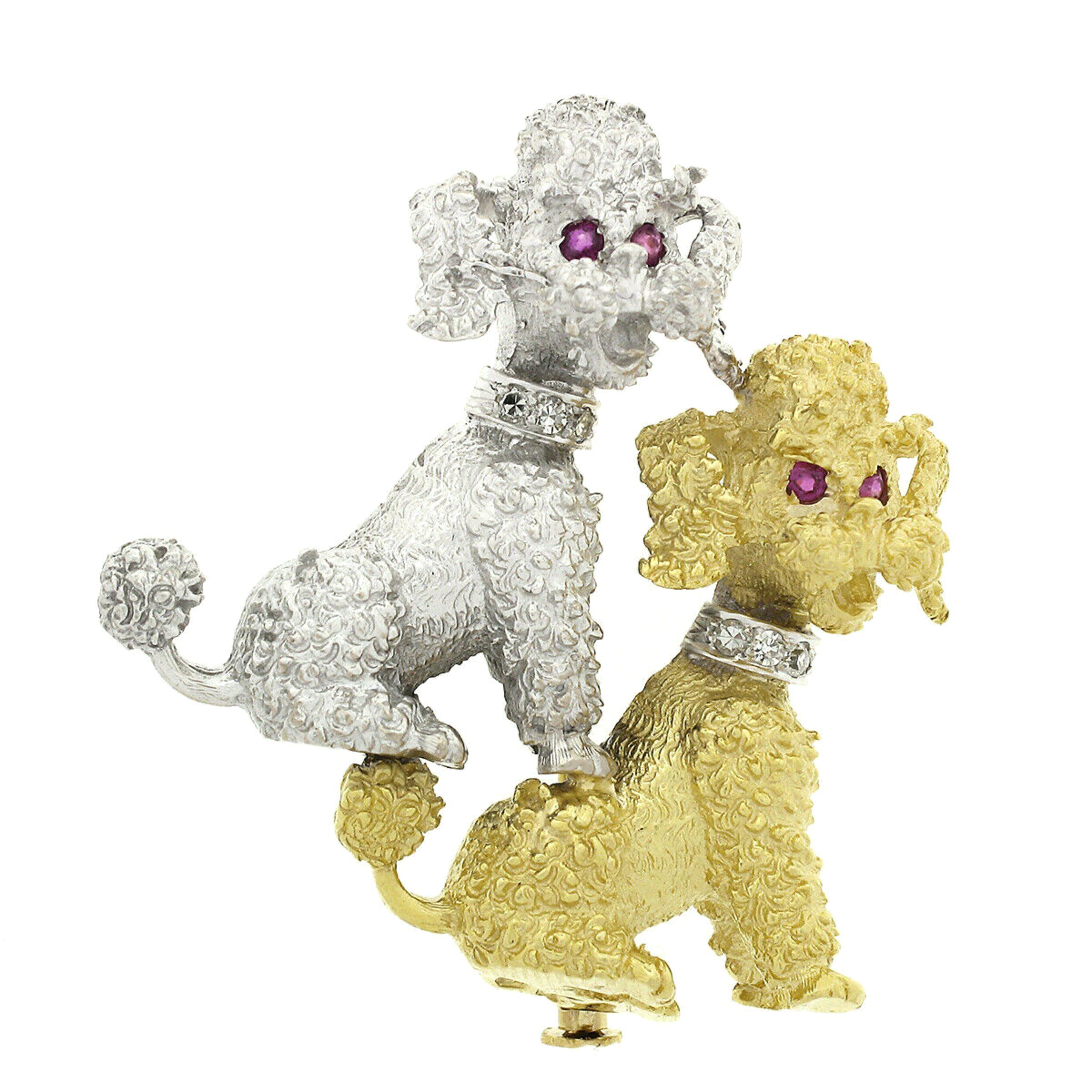 18K White & Yellow Gold Diamond & Ruby Textured Detailed Poodle Dogs Pin Brooch For Sale