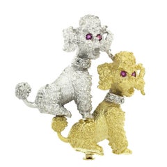 18K White & Yellow Gold Diamond & Ruby Textured Detailed Poodle Dogs Pin Brooch