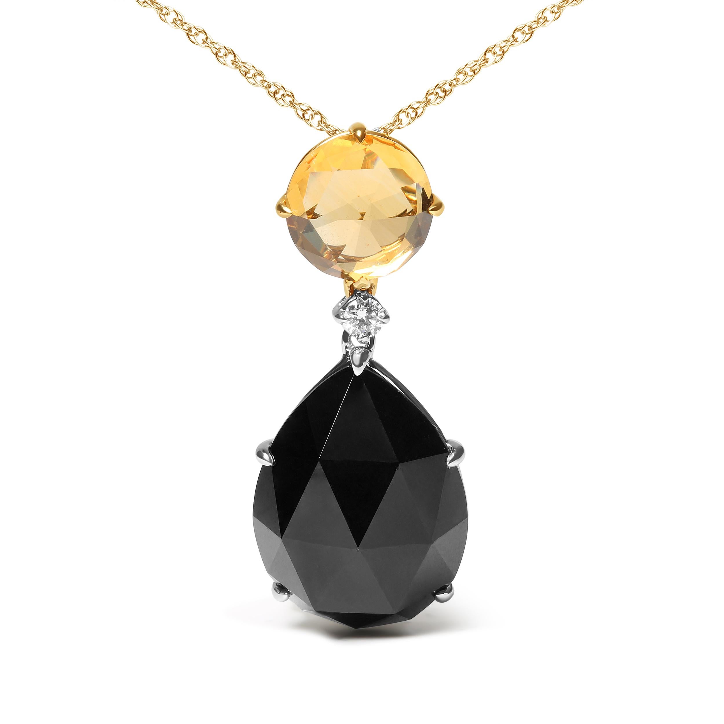 The mesmerizing beauty of this ravishing 18k white and yellow gold pendant necklace makes an elegant addition to any outfit choice. A master of good fortune, a 22x16mm pear cut black onyx rests at the base of this pendant in a 4-prong setting. The