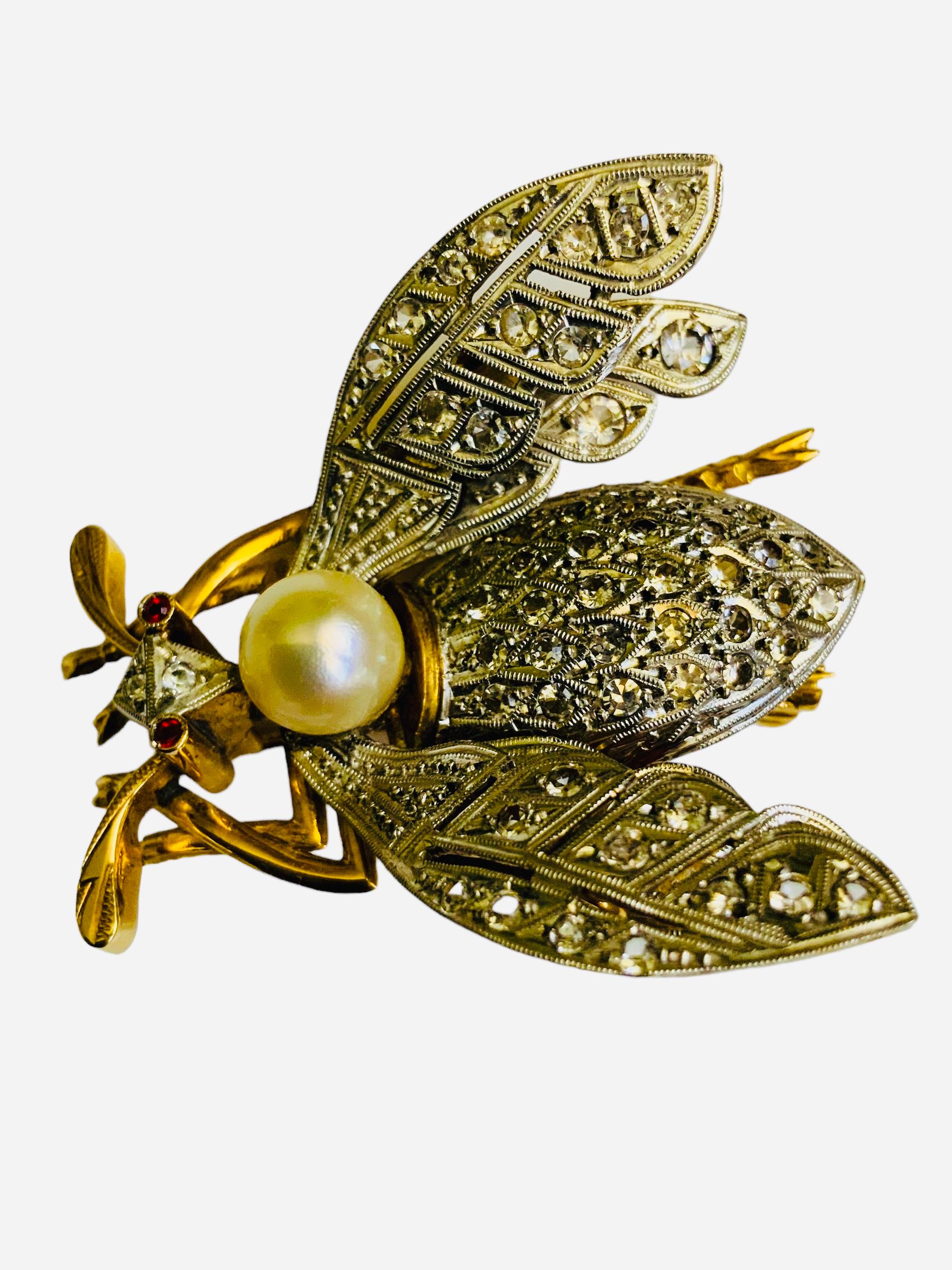 18K White/Yellow Gold Diamonds, Pearl And Ruby Insect Brooch 4