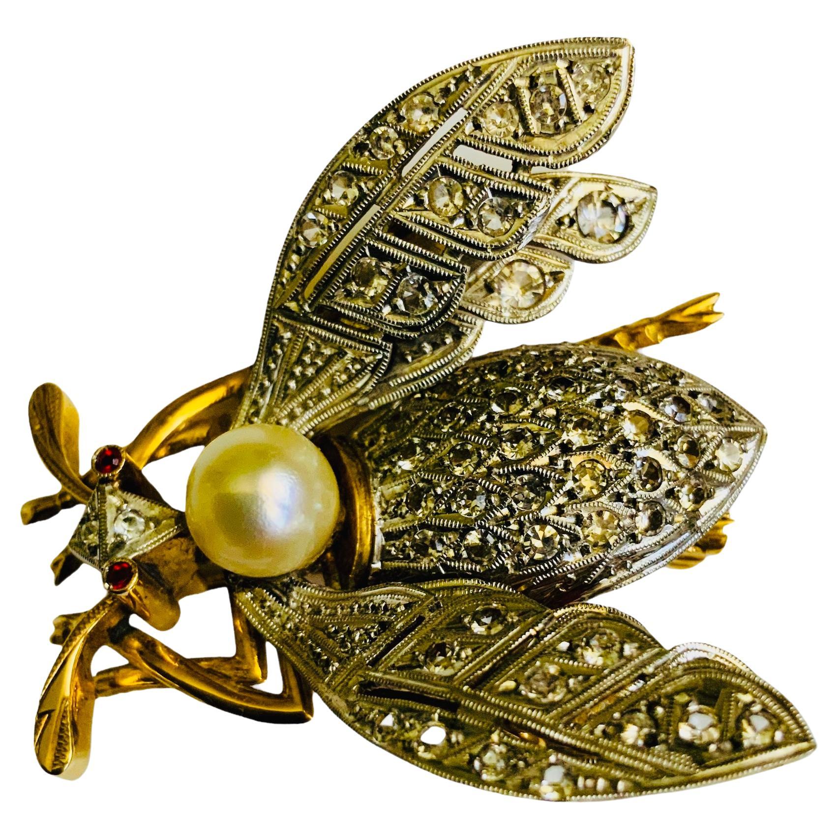 18K White/Yellow Gold Diamonds, Pearl And Ruby Insect Brooch