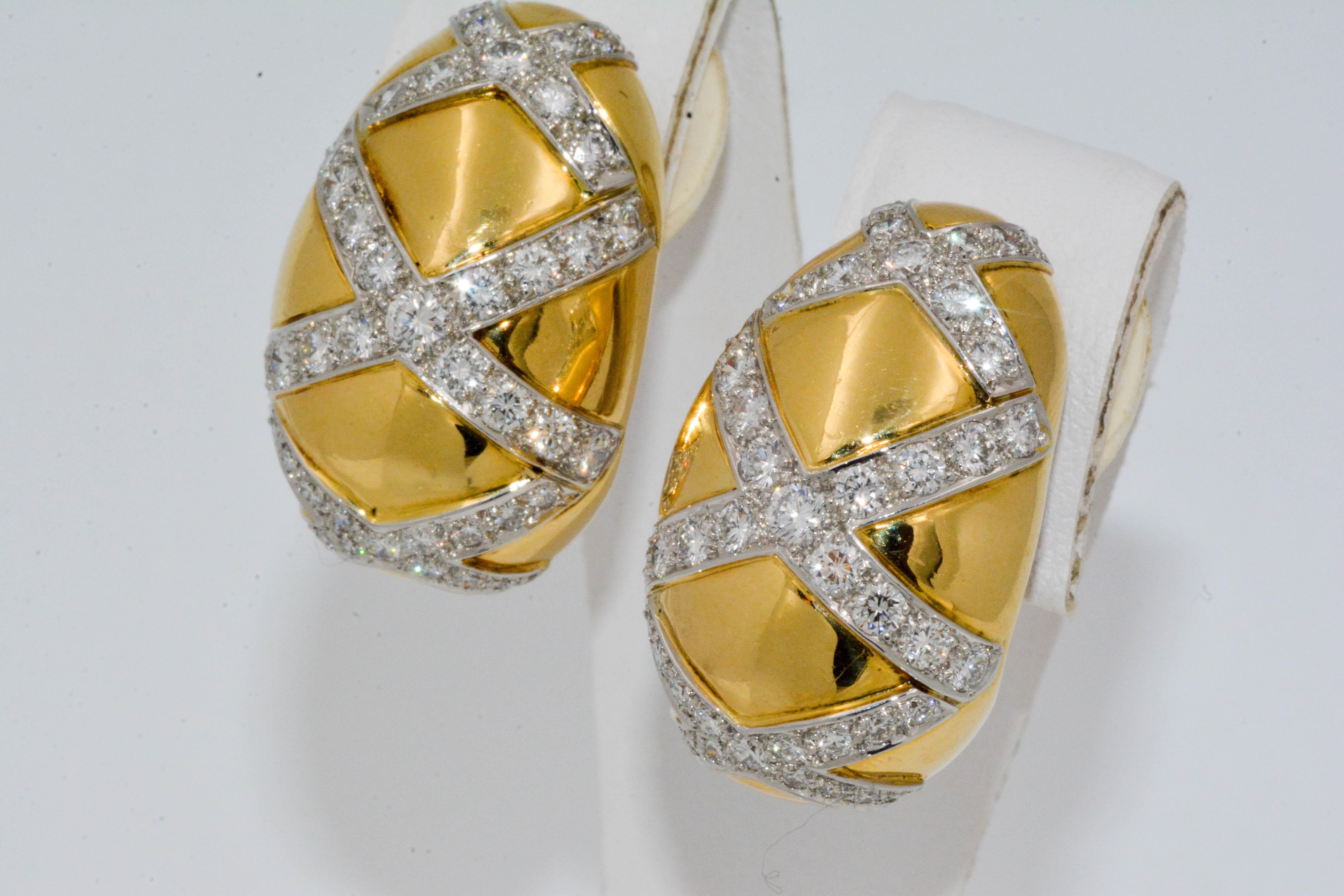 Women's 18 Karat White and Yellow Gold Dome Crisscross Clip-On Earrings
