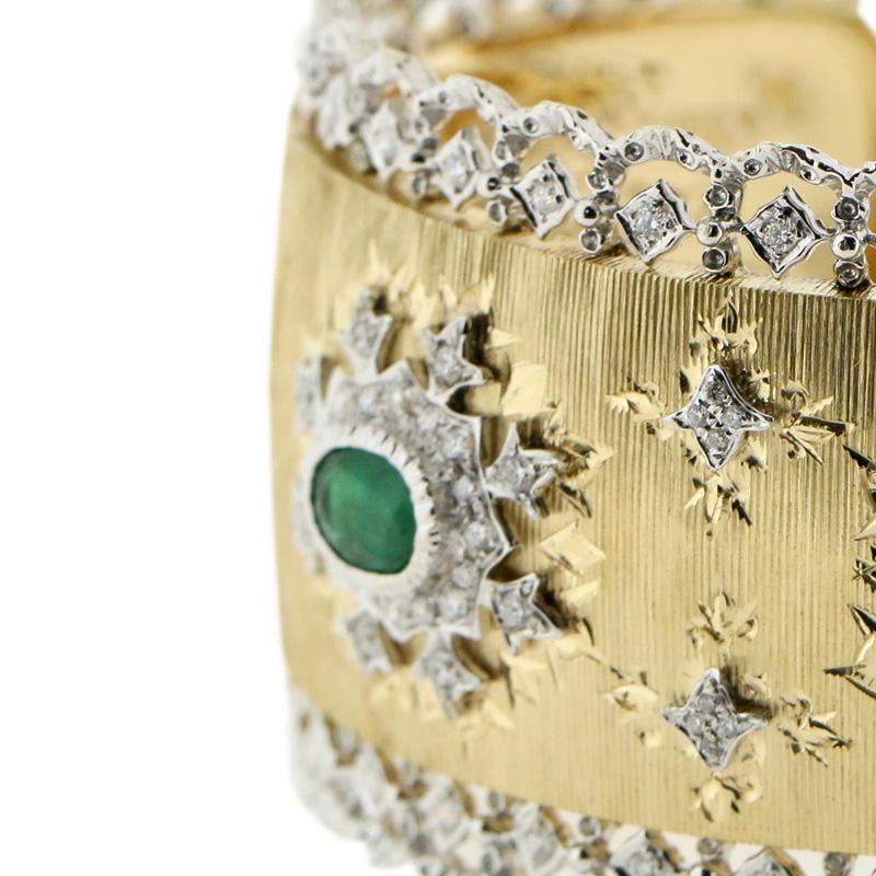 18 Karat Weiß- und Gelbgold Smaragd-Diamant-Armband mit durchbrochener florentinischer Oberfläche (Art déco)