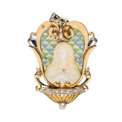 18K White/ Yellow Gold, Enamel Details and Mother or Pearl Female Figure Pendant
