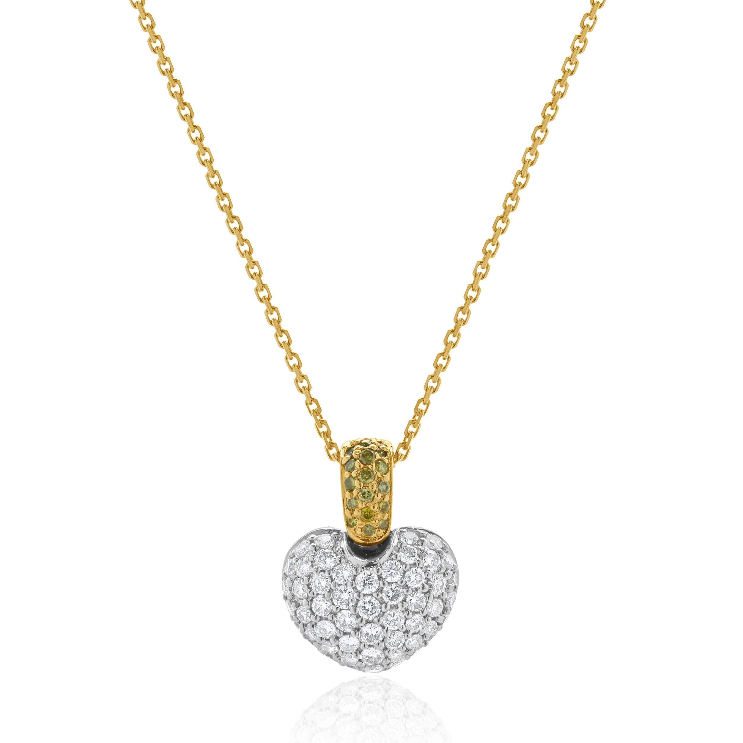 Designer: custom
Material: 18K white & yellow gold
Diamonds: round brilliant cut = 1.00cttw
Color: G / Fancy Yellow
Clarity: SI1
Dimensions: necklace measures 18-inches in length 
Weight: 5.76 grams
