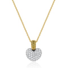 18K White & Yellow Gold Fancy Yellow and White Diamond Puffed Heart Necklace