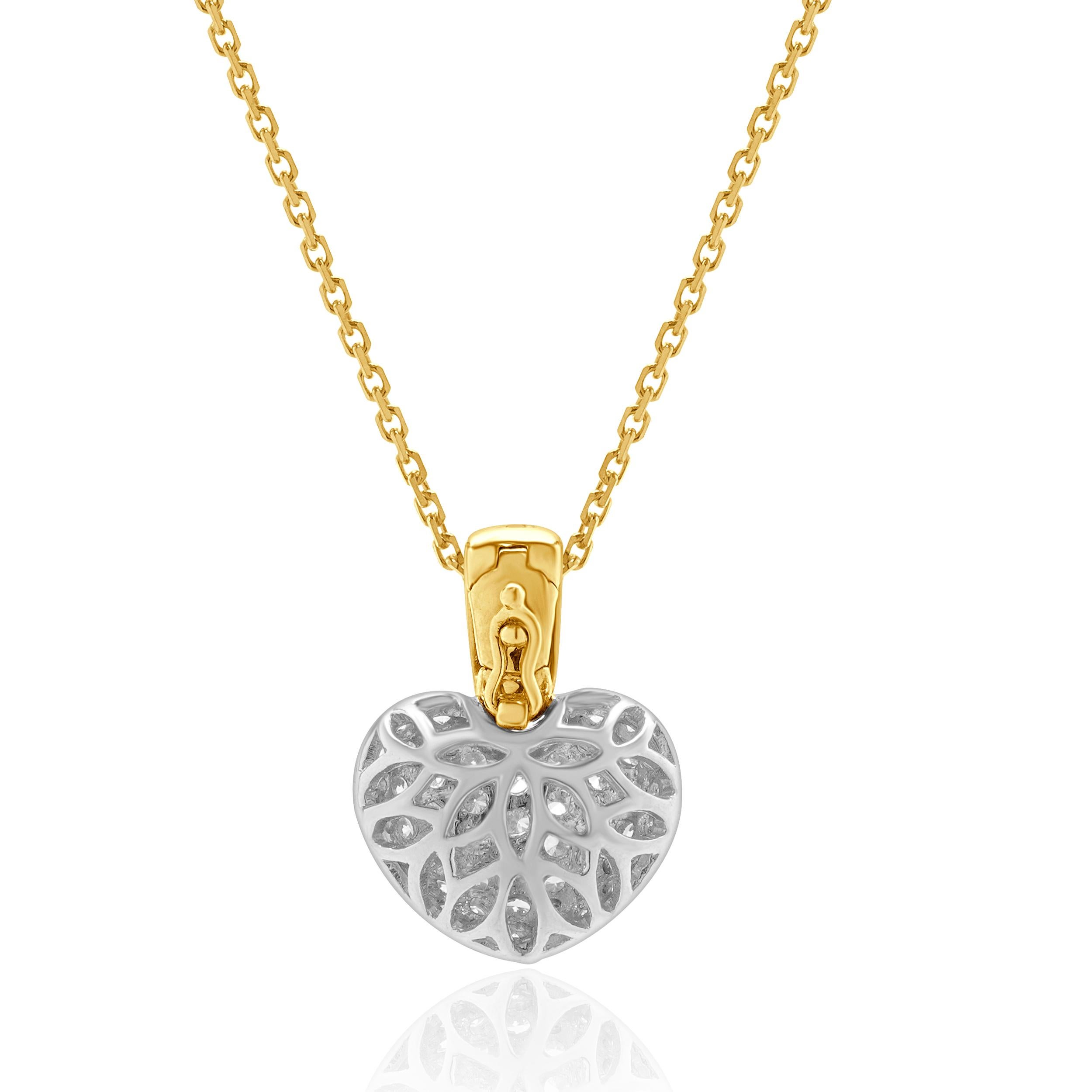 Round Cut 18K White & Yellow Gold Fancy Yellow and White Diamond Puffed Heart Necklace For Sale