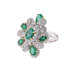 18K White Yellow Gold Floral Emerald and Diamond Ring, 3.08 Carat