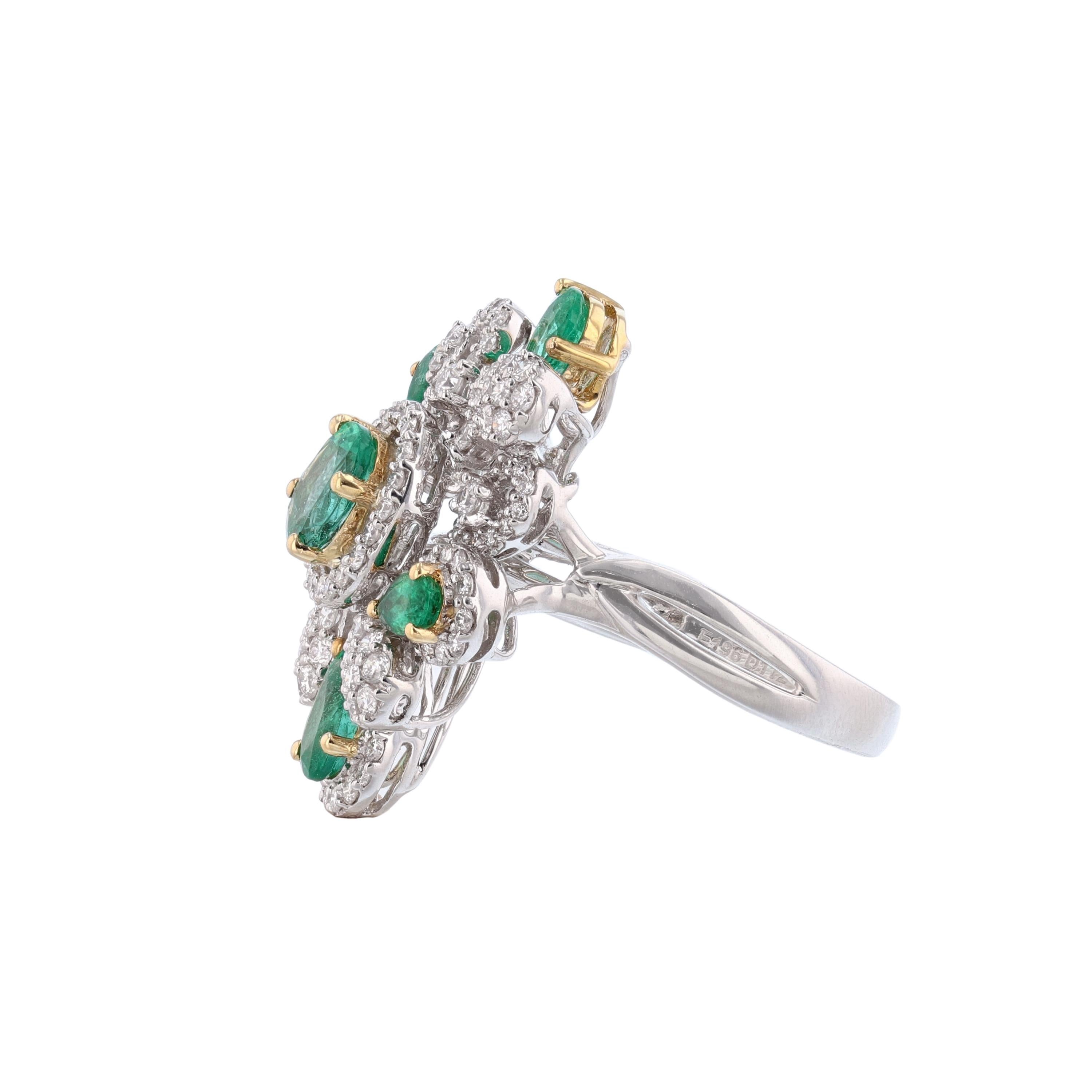 Contemporary 18K White Yellow Gold Floral Emerald and Diamond Ring, 3.08 Carat For Sale