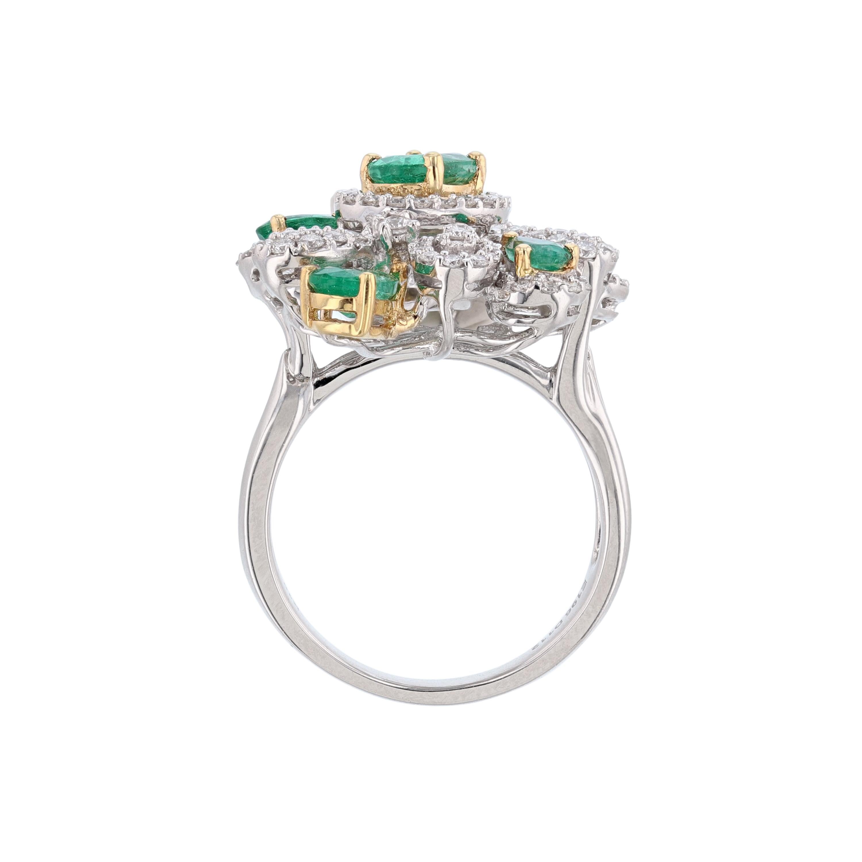 Oval Cut 18K White Yellow Gold Floral Emerald and Diamond Ring, 3.08 Carat For Sale