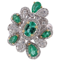 18K White Yellow Gold Floral Emerald and Diamond Ring, 3.08 Carat