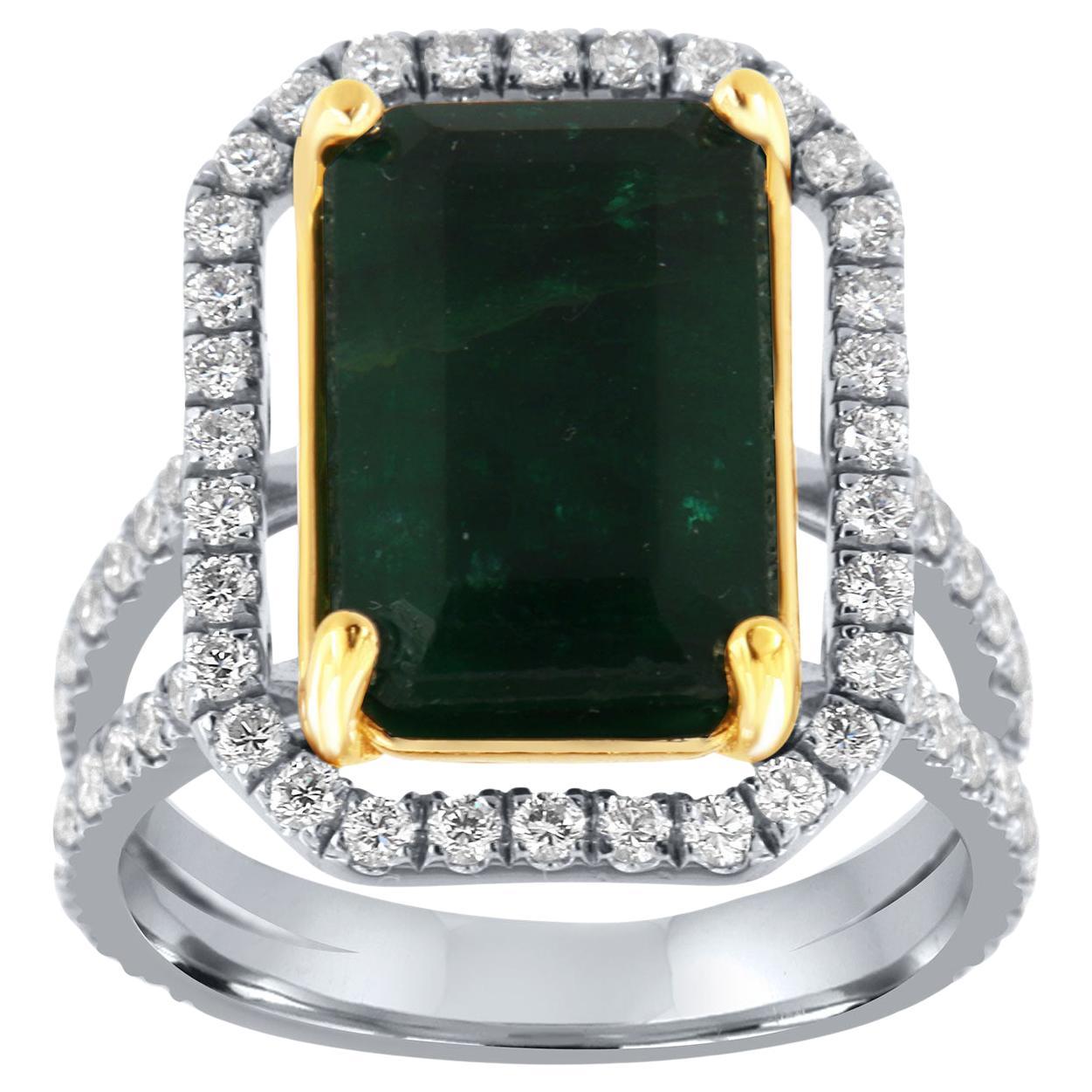 18K White & Yellow Gold GIA Certified 6.23 Carat Green Emerald Halo Diamond Ring For Sale