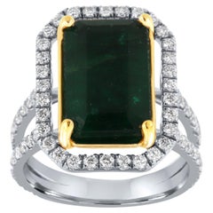 18K White & Yellow Gold GIA Certified 6.23 Carat Green Emerald Halo Diamond Ring