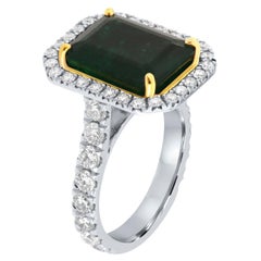 18K White & Yellow Gold GIA Certified 6.83 Carat Green Emerald Halo Diamond Ring