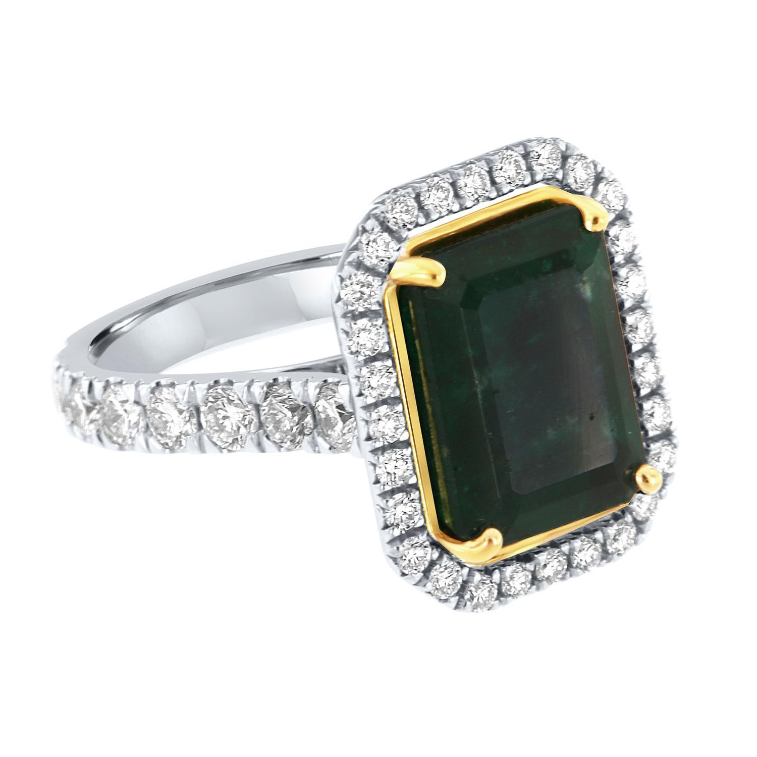 Emerald Cut 18K White & Yellow Gold GIA Certified 6.83 Carat Green Emerald Halo Diamond Ring For Sale