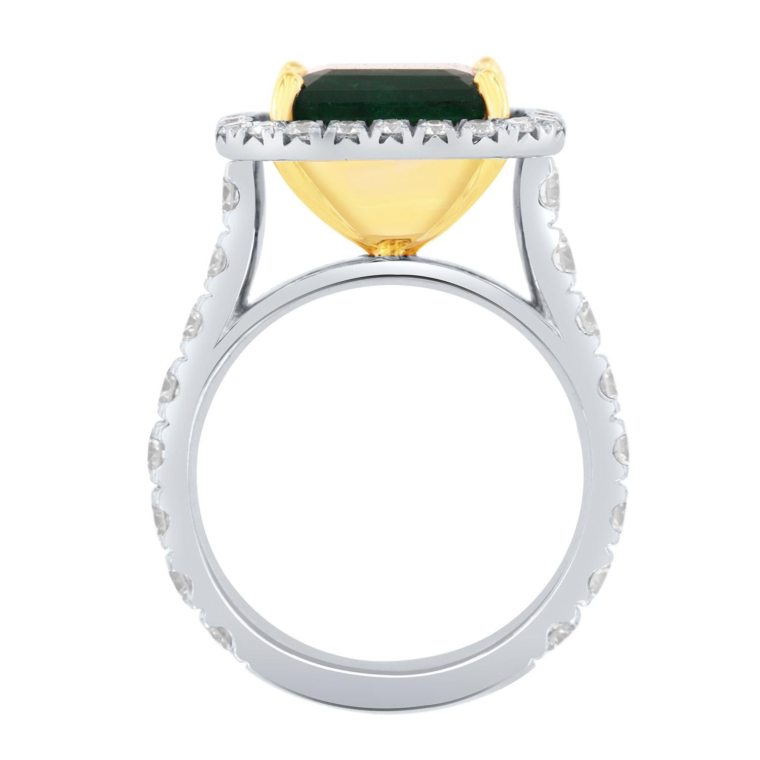 18K White & Yellow Gold GIA Certified 6.83 Carat Green Emerald Halo Diamond Ring In New Condition For Sale In San Francisco, CA