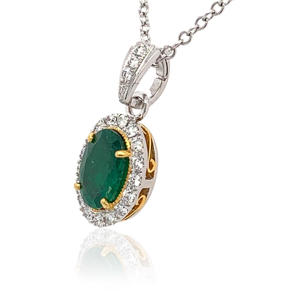 These extraordinary 18k two-tone gold pendant features preminum quality emeralds framed in a halo of brilliant diamonds. This pendant is ideal for special occasions. Experience the Difference!

Product details: 

Center Gemstone Type: Emerald
Center