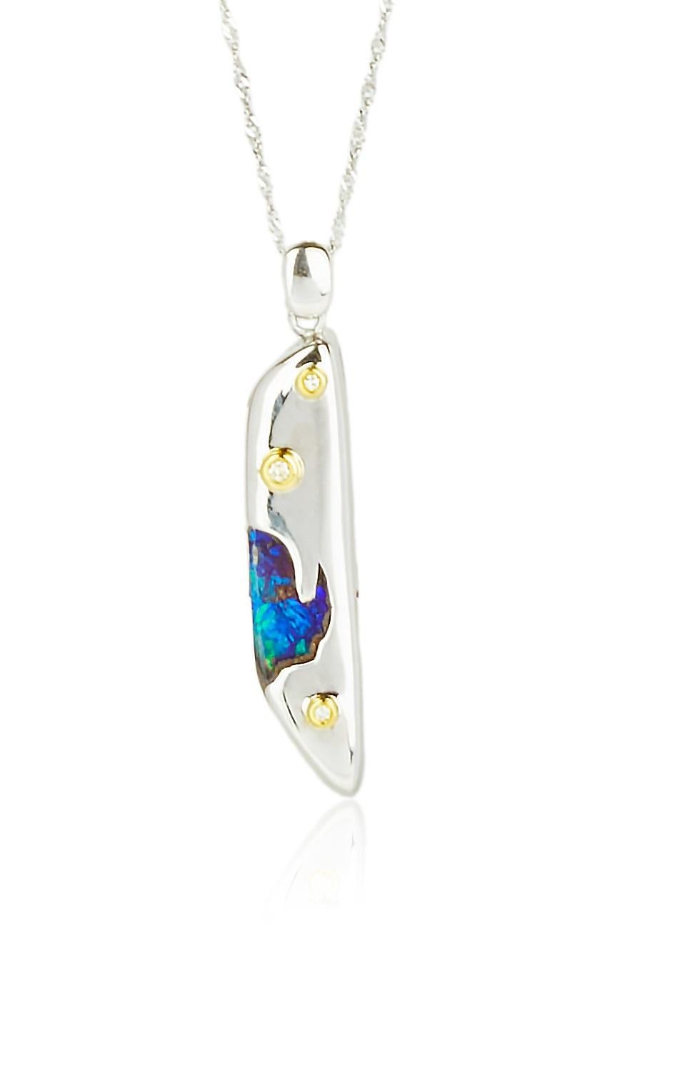Contemporary 18K White & Yellow Gold Hand-Carved Boulder Opal Diamond Pendant For Sale