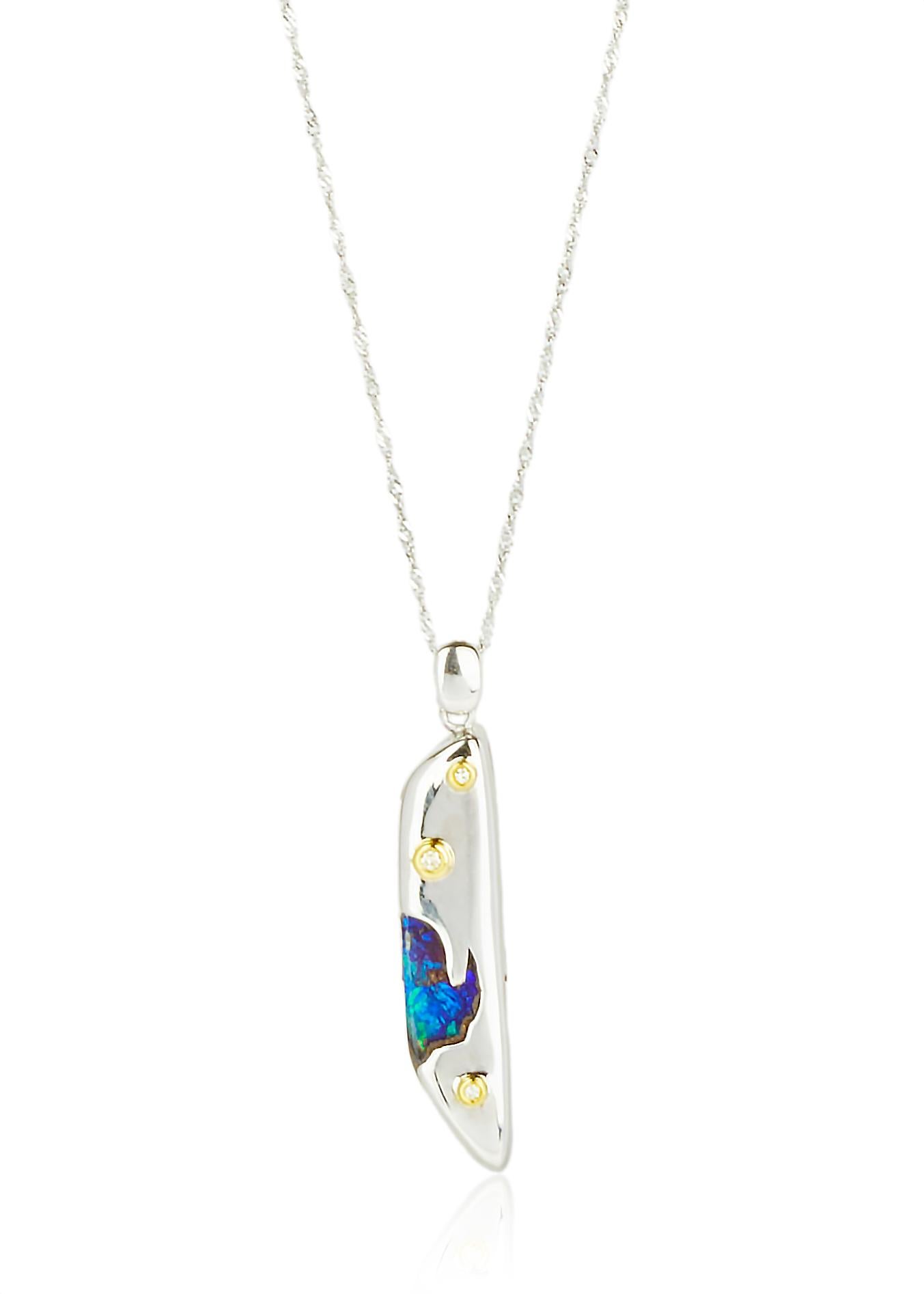 Brilliant Cut 18K White & Yellow Gold Hand-Carved Boulder Opal Diamond Pendant For Sale