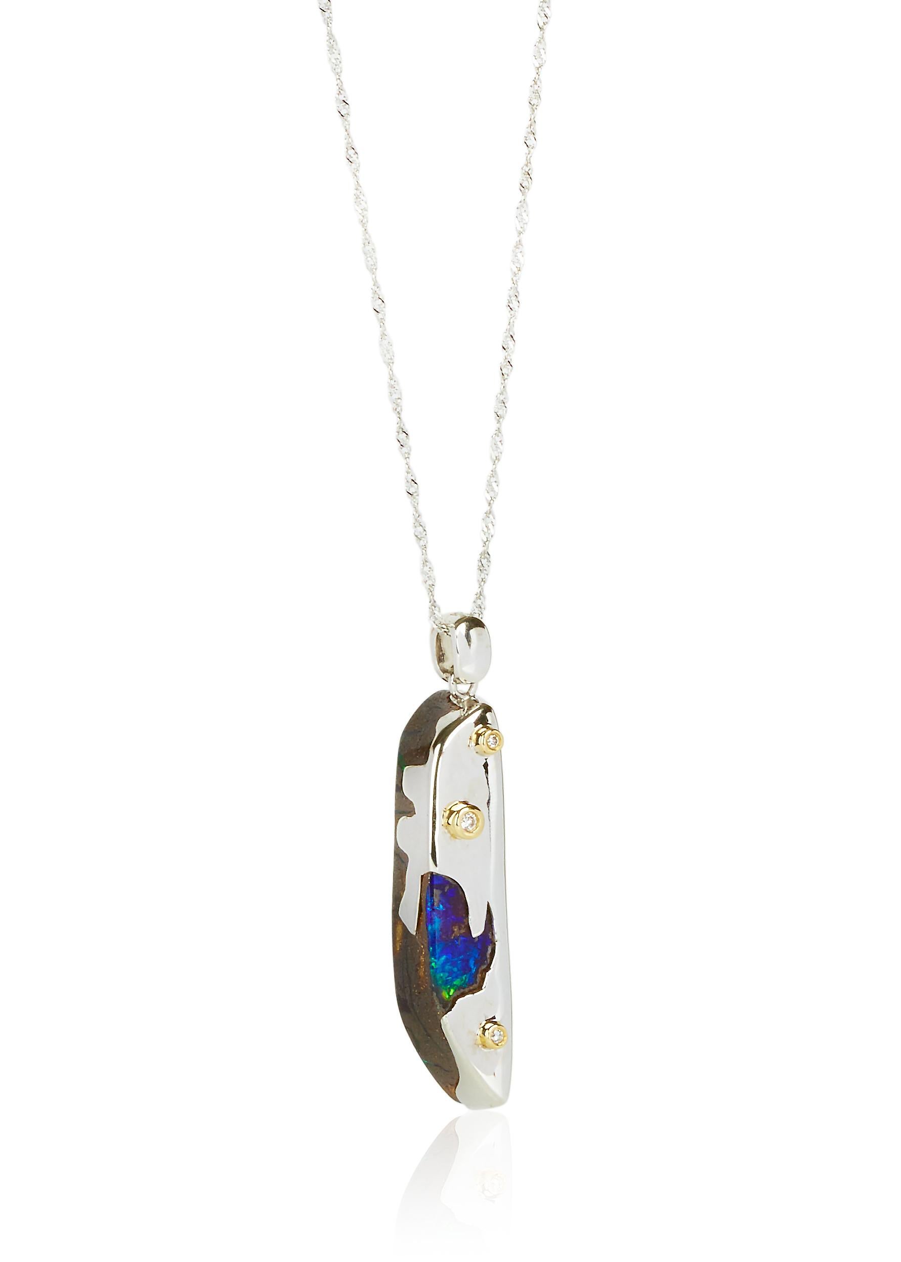 18K White & Yellow Gold Hand-Carved Boulder Opal Diamond Pendant In New Condition For Sale In Waterloo, New South Wales