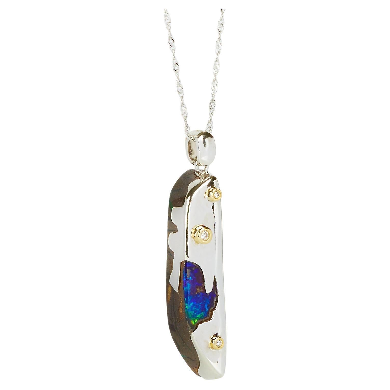 18K White & Yellow Gold Hand-Carved Boulder Opal Diamond Pendant For Sale