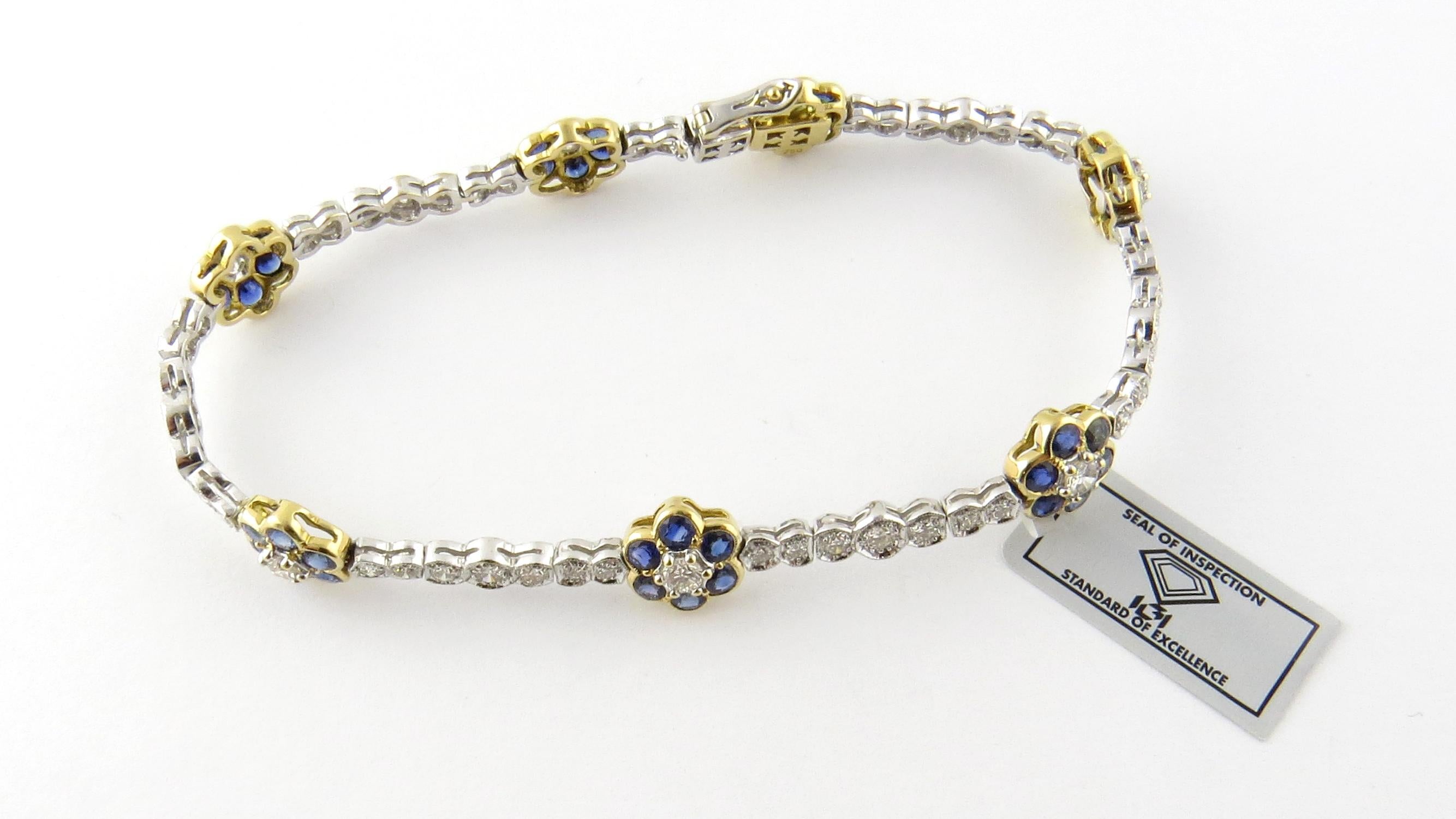 18K White and Yellow Gold Natural Sapphire and Diamond Floral Bracelet 7 1/8