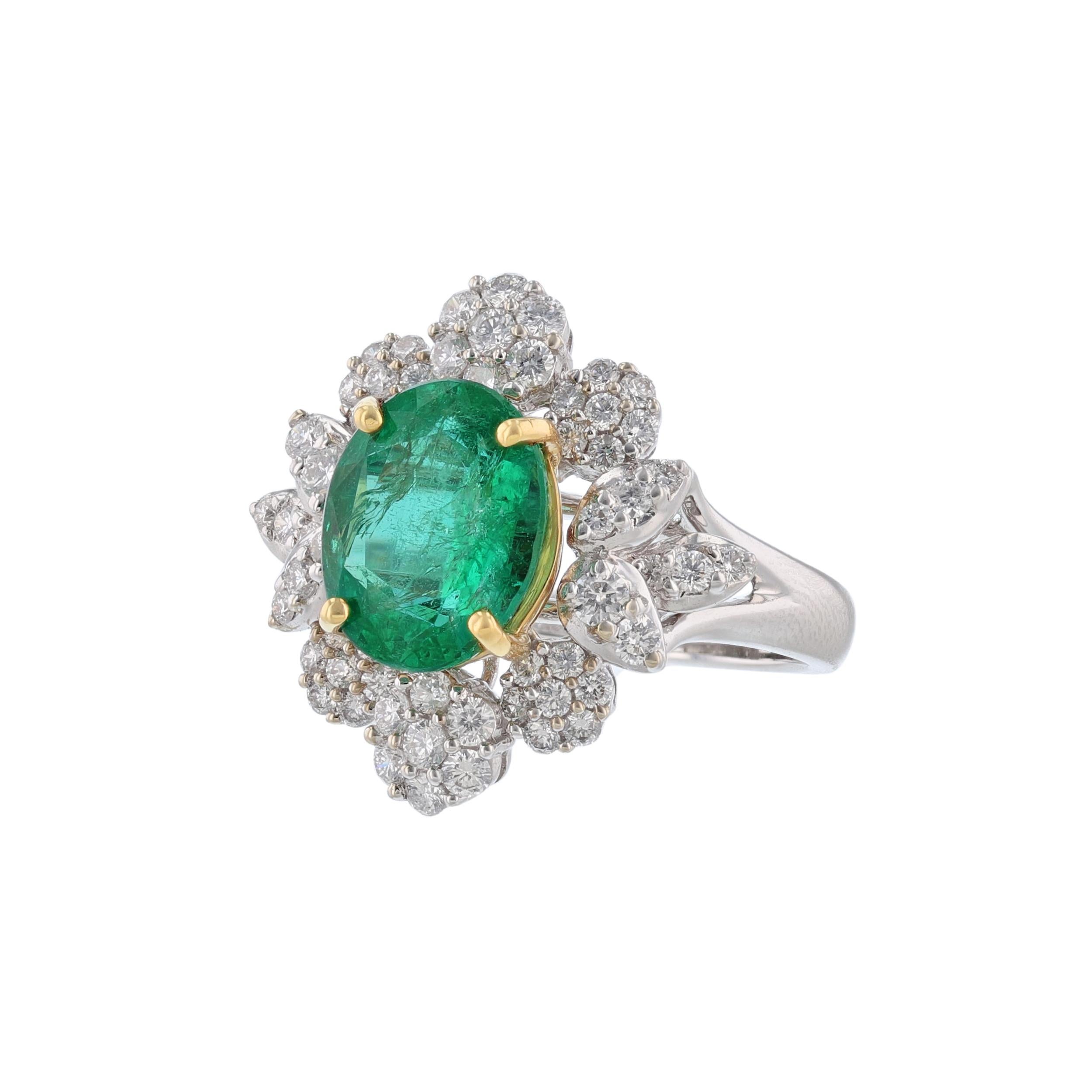 Oval Cut 18K White Yellow Gold Oval Emerald Diamond Ring For Sale
