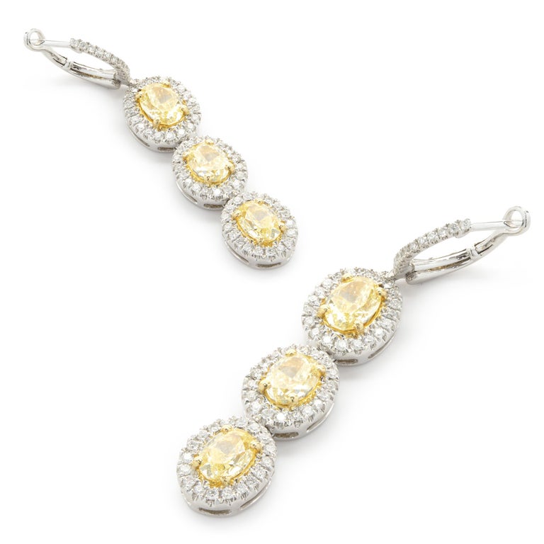 18K White and Yellow Gold Oval Fancy Yellow Diamond Drop Earrings with ...