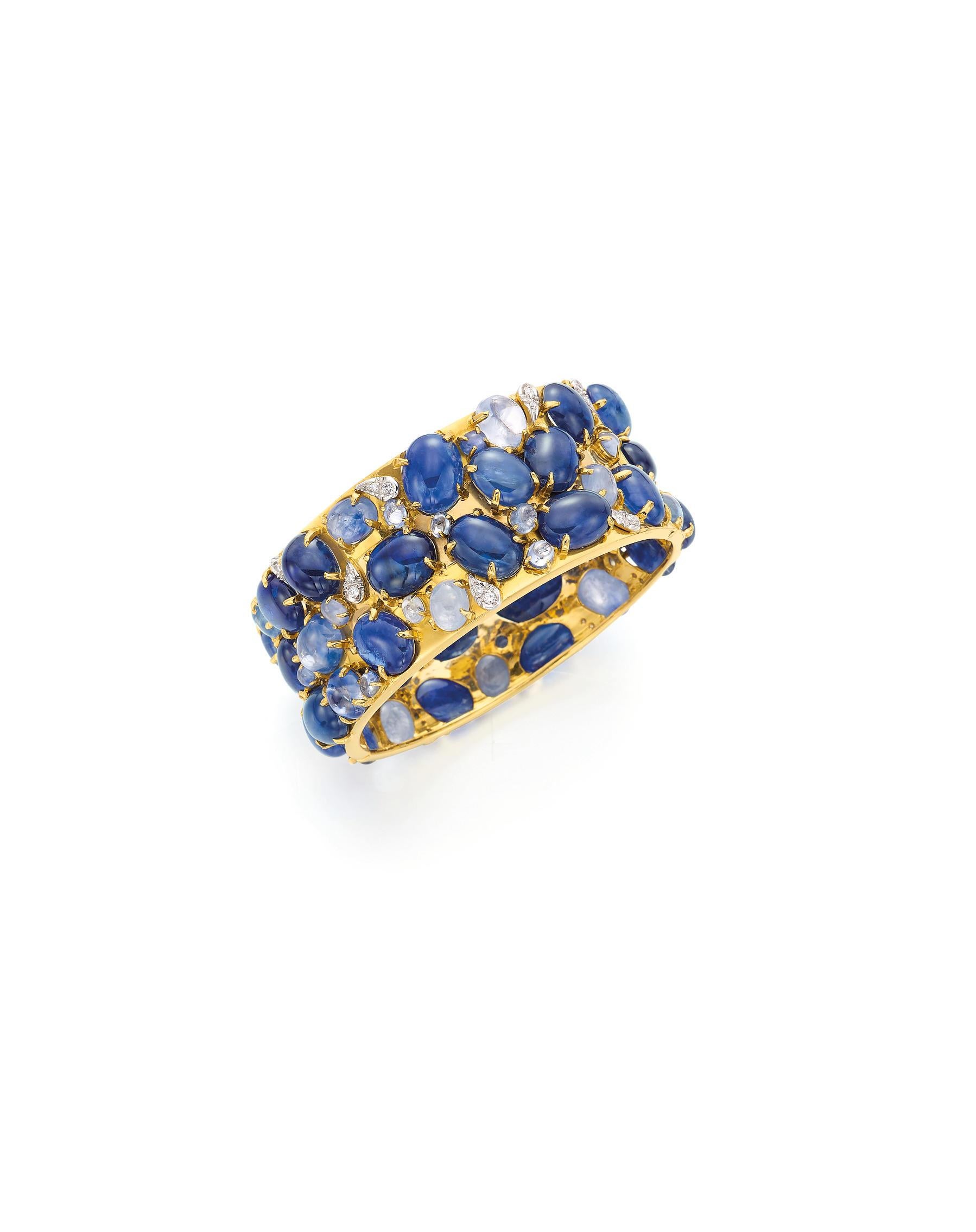 Modern 18k White & Yellow Gold Oval Sapphire Bangle with Diamond Accents, Size 7 For Sale